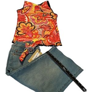 TOO-SHE-SHE size 10 / large 1 piece wide leg cropped jeans & top self satin belt